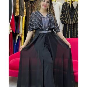 Black Maxi Dress and Pant Set with Beaded Accents